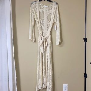 Cream Lace & Crochet Long Kimono with Tie